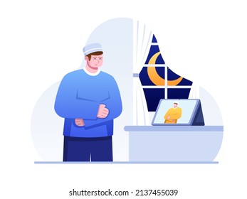 Muslim person Praying Together With Online Video Call and stay at home. Can be used for banner, poster, postcard, animation web, etc