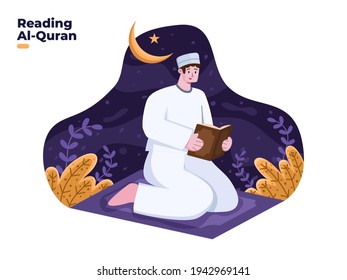 Muslim Person Reading Quran Or Al Quran Illustration, Quran Is Islamic Holy Book. People Recitation Quran. Daily Activities Of Muslim People. Ramadan's Activity. Pray When Fasting Day.