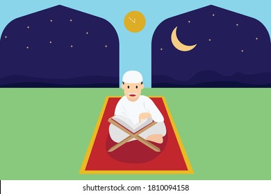 Muslim person vector concept: Front view of man reading Koran while sitting in the mosque at night