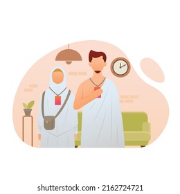 Muslim Pilgrim Wearing Ihram Clothes To Perform Hajj And Umrah Vector Illustration