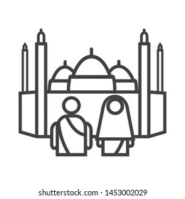 muslim pilgrimage on madina icon with simple thin line style use for islamic event, web, print or pictogram assets. ilustration of hajj, umrah, ramadan kareem, ied mubarak - line vector.
