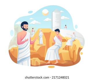 Muslim pilgrimage praying on Jabal Rahmah mountains at Arafat hill. Muslim People perform Islamic Hajj Pilgrimage. Vector illustration in flat style