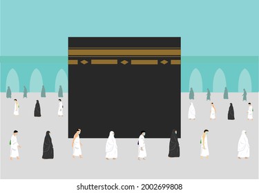 Moslemische Pilger, die um die Kaaba beten, folgen sozialer Distanzierung und tragen Gesichtsmasken. Bearbeitbare Clipart Art.