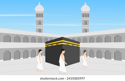 Muslim pilgrims in Masjidil Haram, Sacred mosque that surrounds the Kaaba in the city of Mecca, Saudi Arabia. Vector illustration.