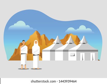 Muslim pilgrims at Mina tents area. One of Islam's sacred pilgrimage route. Suitable for info graphic. 