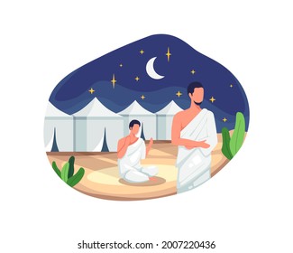 Muslim pilgrims at Mina tents area. One of Islam's sacred pilgrimage route, Hajj pilgrims praying and resting in Mina. Vector illustration in a flat style