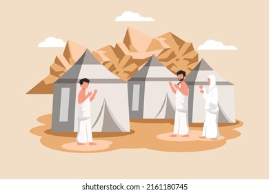 Muslim pilgrims at Mina tents area. Hajj and umrah concept. Colored flat vector illustration.