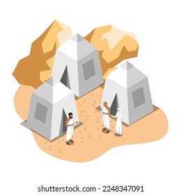 Muslim pilgrims at Mina tents area isometric 3d vector illustration concept for banner, website, illustration, landing page, flyer, etc.