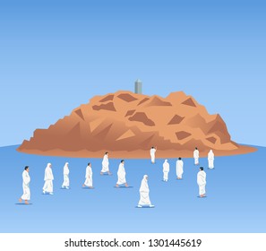 Muslim pilgrims at mount Arafatl. One of Islam's sacred pilgrimage route. Suitable for info graphic. 