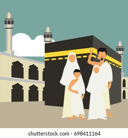 Muslim pilgrims perform Hajj / Umrah (pilgrimage to Mecca) around Kaaba at the Haram Mosque using Ihram (white garment). Cartoon Character. Vector Illustration