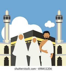 Muslim pilgrims perform Hajj / Umrah (pilgrimage to Mecca) around Kaaba at the Haram Mosque using Ihram (white garment). Cartoon Character. Vector Illustration