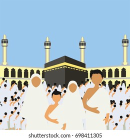 Muslim pilgrims perform Hajj / Umrah (pilgrimage to Mecca) around Kaaba at the Haram Mosque using Ihram (white garment). Cartoon Character. Vector Illustration