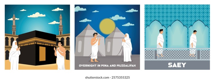 Muslim Pilgrims Praying at the Kaaba in Mecca. Muslim Pilgrimage Praying Together. Pilgrims Performing Sa'i Ritual. Set flat vector modern illustration 