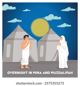 Muslim pilgrims praying outside tents at night under the moon, depicting rituals during Hajj in Mina. Flat vector modern illustration 