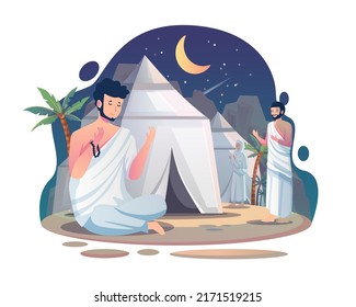 Muslim pilgrims praying and resting at the Mina tents area. One of Islam's sacred pilgrimage routes.  Hajj or Umrah Pilgrimage concept. Vector illustration in flat style