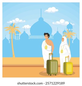 Muslim pilgrims preparing for Hajj are shown with luggage against a mosque backdrop symbolizing their faith and journey. Flat vector modern illustration 