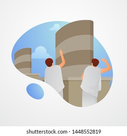 Muslim pilgrims throw stones at Jamarat walls. Hajj and umrah Vector illustration