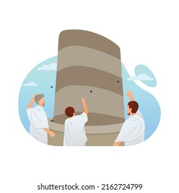 Muslim pilgrims throw stones at Jamarat walls. Stoning the devil in mina hajj and umrah vector illustration