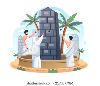 Los peregrinos musulmanes están arrojando piedras a la columna del diablo o a las paredes de Jamarat en la peregrinación islámica del Hajj. Uno de los pasos sagrados de peregrinación del Islam. Ilustración vectorial en estilo plano