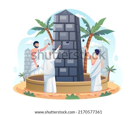 Muslim pilgrims are throwing stones at the devil pillar or Jamarat walls in the Islamic hajj pilgrimage. One of Islam's sacred pilgrimage steps. Vector illustration in flat style