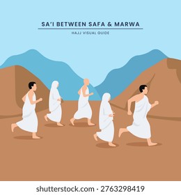 Muslim Pilgrims Walking Between Safa Marwah. Hajj Ritual Sa’i Running Illustration.
