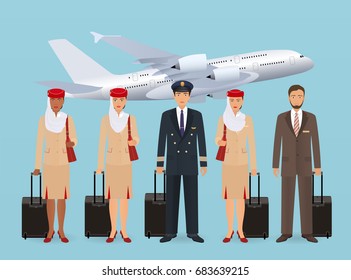 Muslim pilot and stewardesses characters in uniform standing on flying aircraft background. Aviation staff employee concept. Airplane personnel team. Vector illustration.