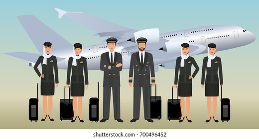 Muslim pilots and stewardesses characters in uniform with bags standing on flying aircraft background. Aviation staff employee concept. Airplane personnel team. Vector illustration.