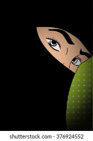 Muslim pop art woman. Young arabic woman. Hi-jab. Arabic traditional. Vector illustration.