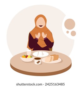 Muslim pray before eating. ramadan meal illustration