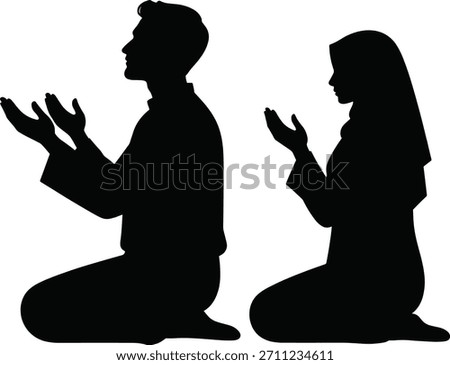 Muslim pray icon features man and woman kneeling, hands raised in supplication. Qibla direction for devotion and religious worship silhouettes.
