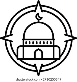 Ilustración vectorial de la mezquita de oración musulmana. Icono de línea simple en blanco y negro. Edificio de la mezquita y brújula para mostrar la dirección de la qibla.