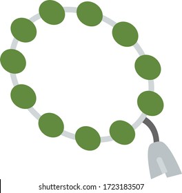 Concepto de cuentas de oración musulmanas, diseño de icono de color verde vectorial de plástico Tasbih o misbaha, kareem de Ramazan y símbolos islámicos sobre fondo blanco,