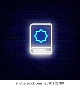 Muslim prayer book neon icon. Islamic religious sign. Eid Mubarak. Vector stock illustration