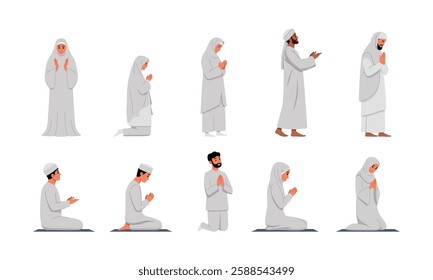 Muslim prayer characters vector illustration set