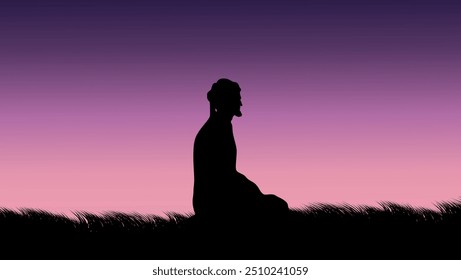 Muslim prayer in the field, flat color illustration