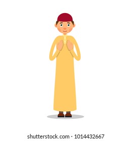 Muslim prayer. Muslim, Islamic man stand and pray. Male muslim praying. Performance of Muslim prayer by man with raised hands. Illustration in flat style. Isolated.