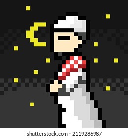 Muslim prayer on the night in pixel art style