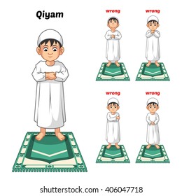 Muslim Prayer Position Guide Step by Step Perform by Boy Standing and Placing Both Hands with Wrong Position Vector Illustration