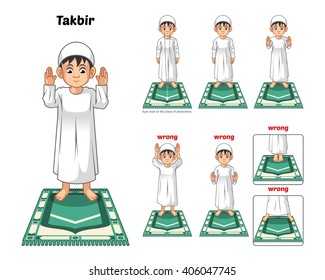 Muslim Prayer Position Guide Step by Step Perform by Boy Standing and Raising The Hands with Wrong Position Vector Illustration