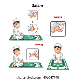 Muslim Prayer Position Guide Step by Step Perform by Boy Salutation and Position of The Feet with Wrong Position Vector Illustration