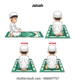 Muslim Prayer Position Guide Step by Step Perform by Boy Sitting Between The Two Prostrating and Position of The Feet with Wrong Position Vector Illustration