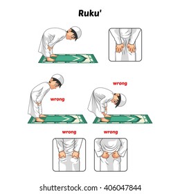 Muslim Prayer Position Guide Step by Step Perform by Boy Bowing and Hands Holding The Knee with Wrong Position Vector Illustration