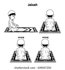 Muslim Prayer Position Guide Step by Step Perform by Boy Sitting Between The Two Prostrating and Position of The Feet with Wrong Position Outline Version Vector Illustration