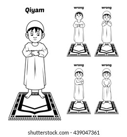Muslim Prayer Position Guide Step by Step Perform by Boy Standing and Placing Both Hands with Wrong Position Outline Version Vector Illustration