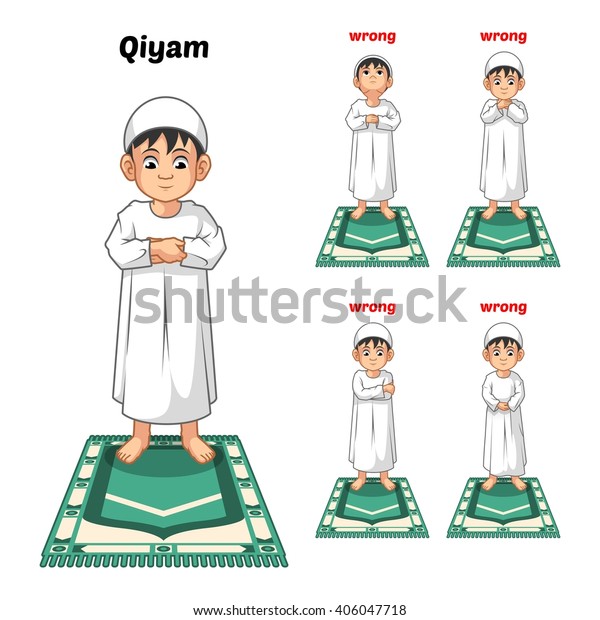 Muslim Prayer Position Guide Step by Step\
Perform by Boy Standing and Placing Both Hands with Wrong Position\
Vector Illustration