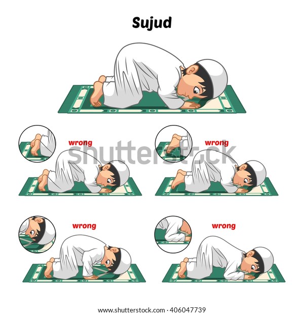Muslim Prayer Position Guide Step by Step\
Perform by Boy Prostrating and Position of The Feet with Wrong\
Position Vector\
Illustration