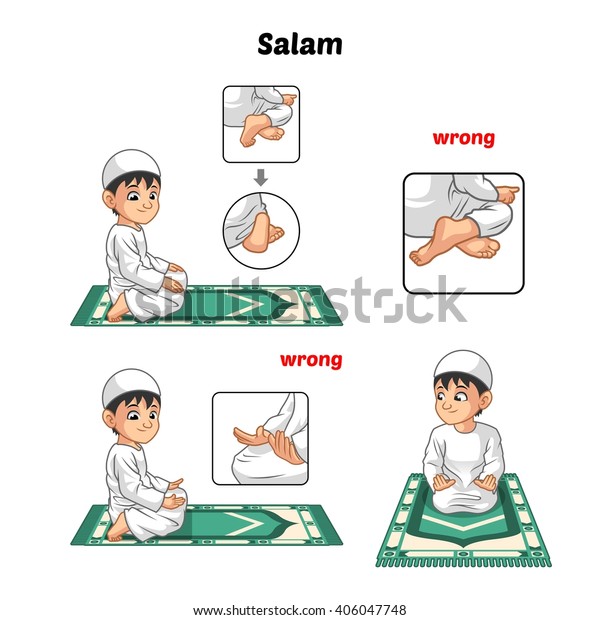 Muslim Prayer Position Guide Step by Step\
Perform by Boy Salutation and Position of The Feet with Wrong\
Position Vector\
Illustration