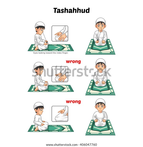 Muslim Prayer Position Guide Step by Step\
Perform by Boy Sitting and Raising The Index Finger with Wrong\
Position Vector\
Illustration