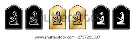 Muslim prayer room icon set in gold and black design. Vector plaque with Islamic praying figure, suitable for mosque interiors and public prayer spaces.
