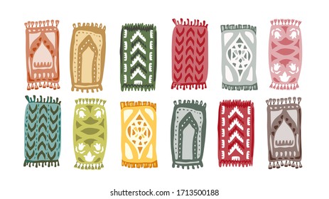 Muslim Prayer Rug. Islamic Textile. Mosque Flooring. Praying Mats. Middle Eastern pattern. Vector set.